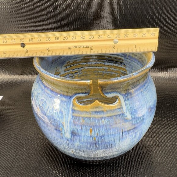 Saltbox Pottery Knitting Yarn Bowl Dish Signed Hand Made Large Container Blue - Picture 3 of 15